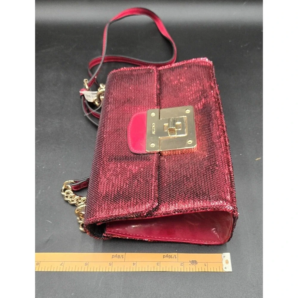 Aldo Red Sequent Handbag W/ Yellow Metal Chain Adjustable‎ Evening Event Purse